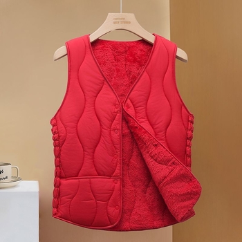 Sieviešu ziemas veste ar fleece iekšpusi, poliesterā pildījums, V kakls, A līnijas siluets, vienrindas pogu aizdare, parastā garuma (50–65 cm)