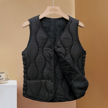 Sieviešu ziemas veste ar fleece iekšpusi, poliesterā pildījums, V kakls, A līnijas siluets, vienrindas pogu aizdare, parastā garuma (50–65 cm)