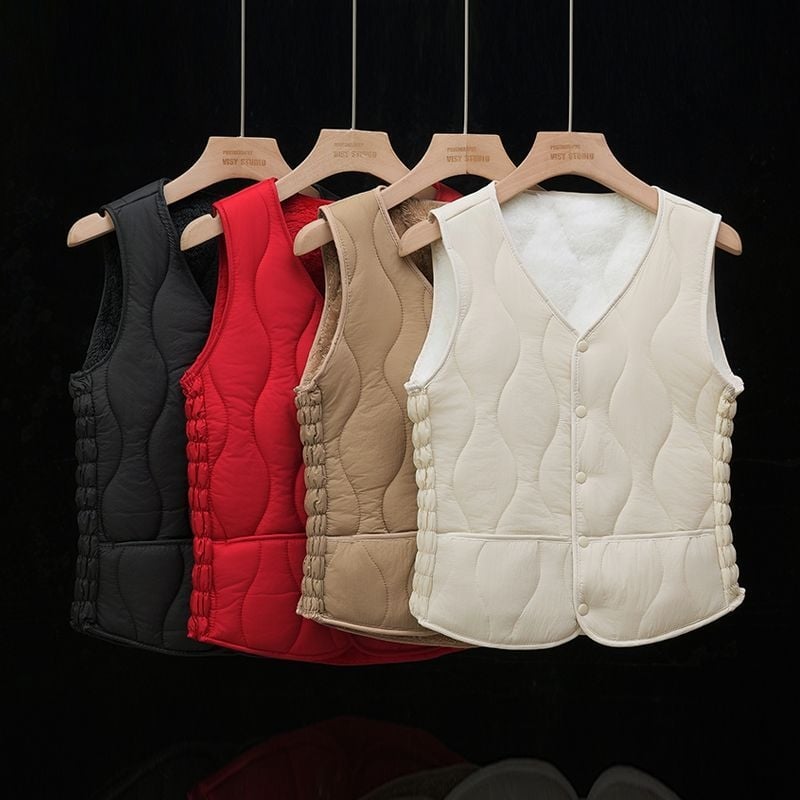 Sieviešu ziemas veste ar fleece iekšpusi, poliesterā pildījums, V kakls, A līnijas siluets, vienrindas pogu aizdare, parastā garuma (50–65 cm)