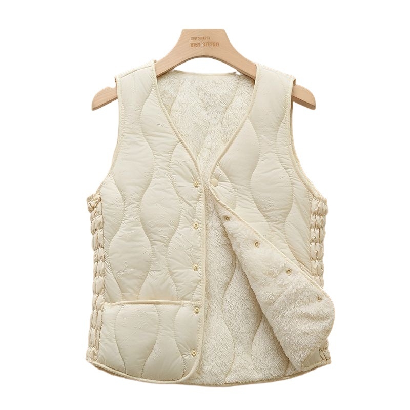 Sieviešu ziemas veste ar fleece iekšpusi, poliesterā pildījums, V kakls, A līnijas siluets, vienrindas pogu aizdare, parastā garuma (50–65 cm)