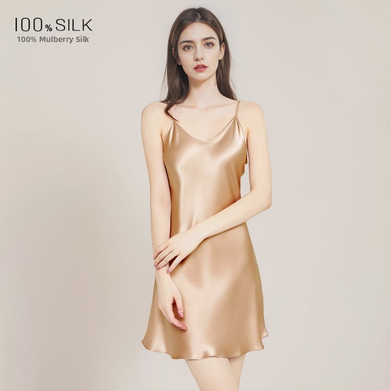 Sieviešu mulberry zīda naktskleita, cami stila, bez piedurknēm, V kakla izgriezums, īss garums, vissezonu mājas miega apģērbs