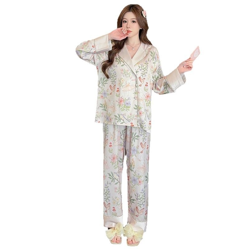 Pidzama set s kardiganom od ledenog svile, dugi rukavi, ovratnik lapel, tanka tkanina 121–140 g/m², poliester 90–95%