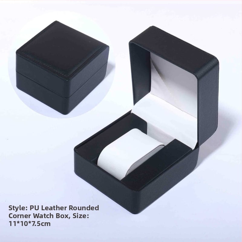 PU ādas pulksteņa kastīte ar noapaļotiem stūriem, iekšējais nodalījums, atverams vāciņš, juvelierizstrādājumu iepakojums