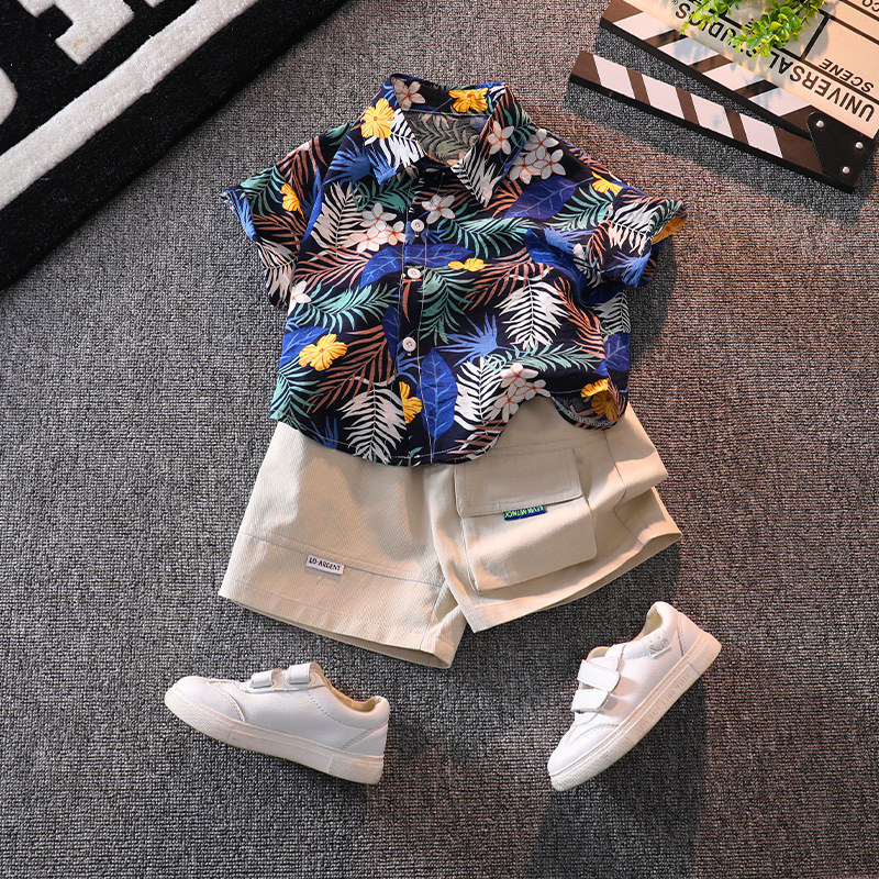 Vaikiškas komplektas: gėlių dizaino trumpom rankovėm marškinėliai ir šortai, 90% medvilnė, vasara, 3-8 metų