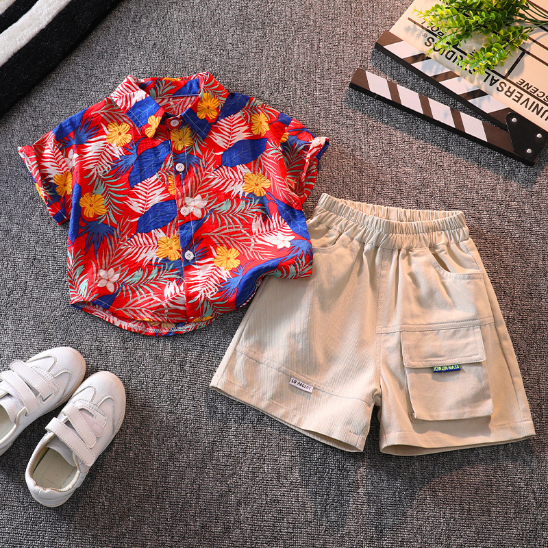 Vaikiškas komplektas: gėlių dizaino trumpom rankovėm marškinėliai ir šortai, 90% medvilnė, vasara, 3-8 metų