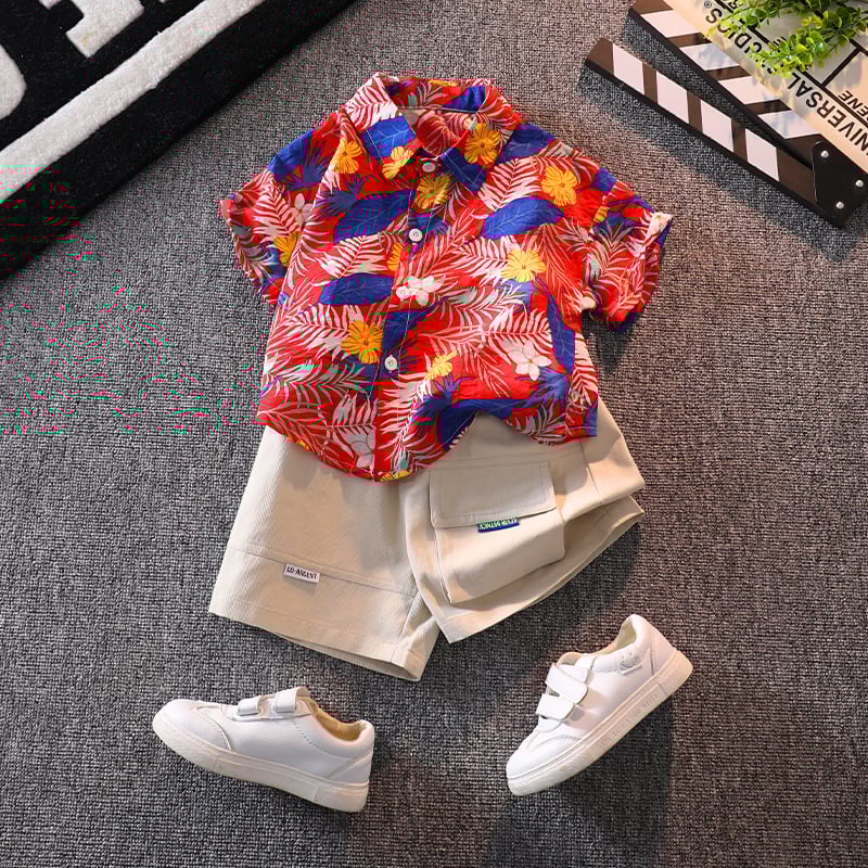 Vaikiškas komplektas: gėlių dizaino trumpom rankovėm marškinėliai ir šortai, 90% medvilnė, vasara, 3-8 metų