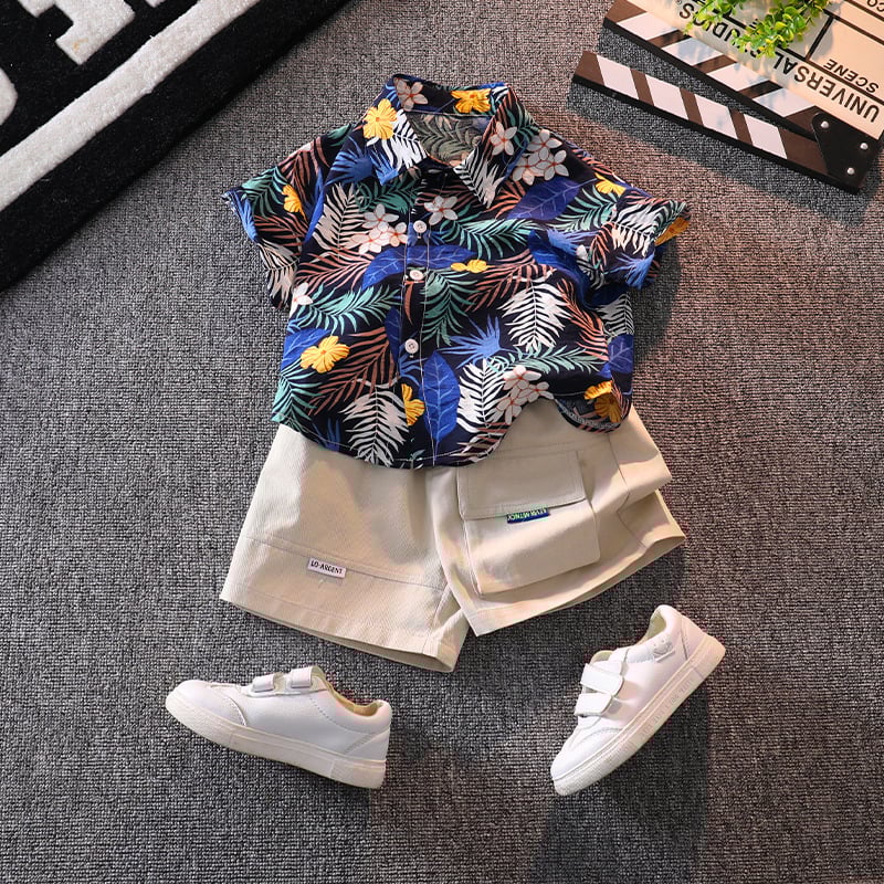 Vaikiškas komplektas: gėlių dizaino trumpom rankovėm marškinėliai ir šortai, 90% medvilnė, vasara, 3-8 metų