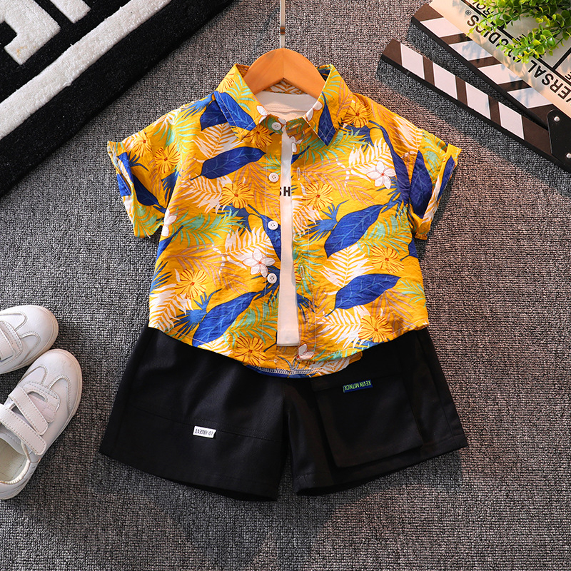 Vaikiškas komplektas: gėlių dizaino trumpom rankovėm marškinėliai ir šortai, 90% medvilnė, vasara, 3-8 metų