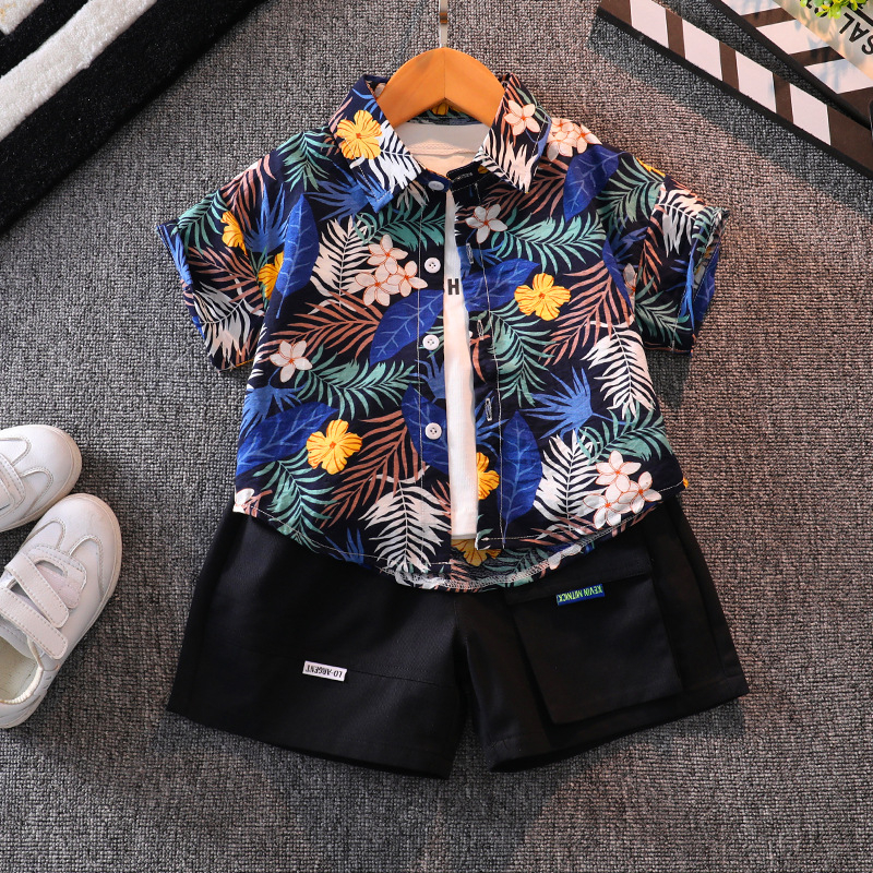 Vaikiškas komplektas: gėlių dizaino trumpom rankovėm marškinėliai ir šortai, 90% medvilnė, vasara, 3-8 metų