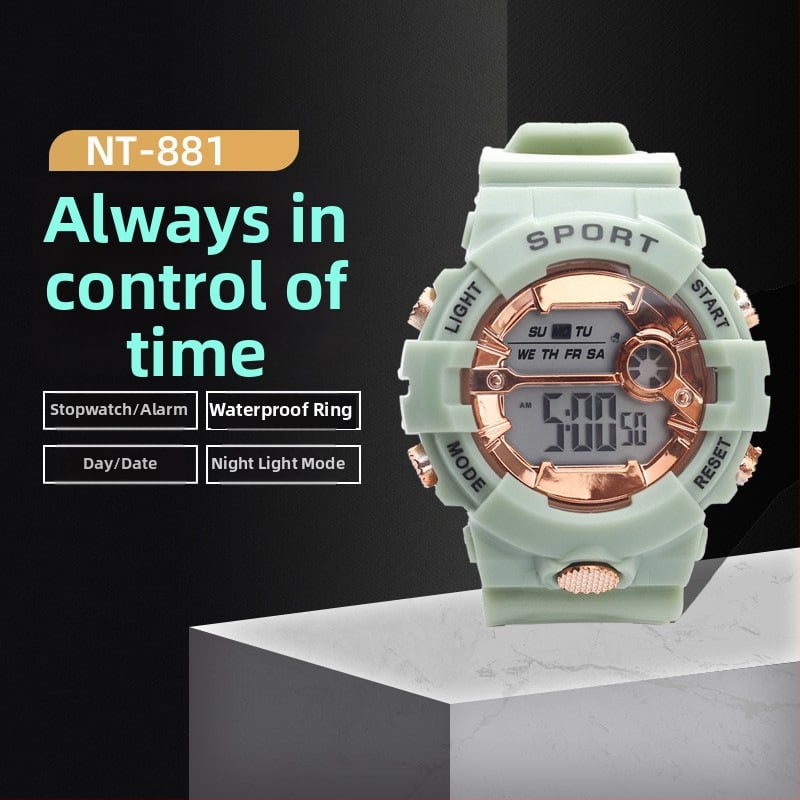 Terry elektroniskais pulkstenis ar NT-881 mehānismu, ciparu displejs, nakts apgaismojums, korpuss PVC un siksniņa PVC, universālais ikdienas sporta pulkstenis
