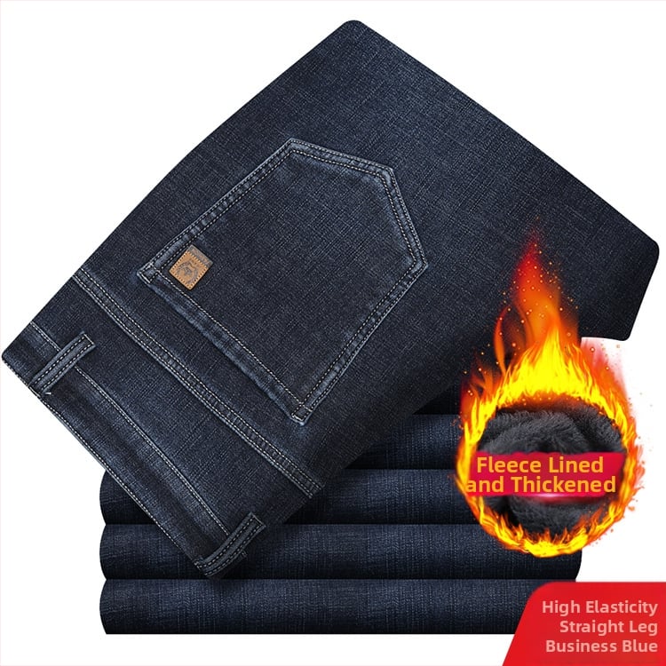 Meeste teksased fliisvoodriga, kõrge elastikkus, sirge lõige, kõrge vöökoht, pestud puuvillane