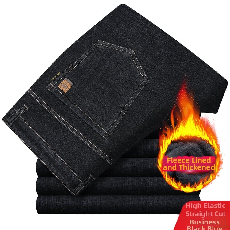 Meeste teksased fliisvoodriga, kõrge elastikkus, sirge lõige, kõrge vöökoht, pestud puuvillane