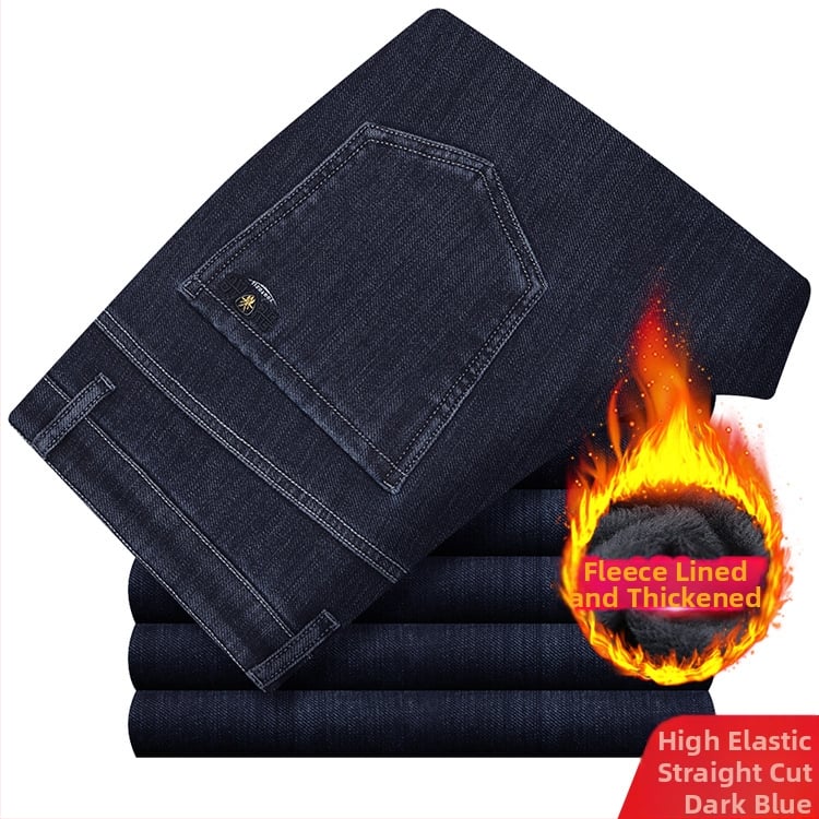 Meeste teksased fliisvoodriga, kõrge elastikkus, sirge lõige, kõrge vöökoht, pestud puuvillane