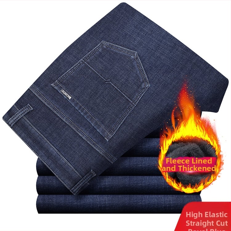 Meeste teksased fliisvoodriga, kõrge elastikkus, sirge lõige, kõrge vöökoht, pestud puuvillane