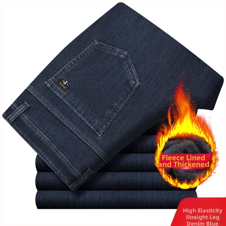 Meeste teksased fliisvoodriga, kõrge elastikkus, sirge lõige, kõrge vöökoht, pestud puuvillane