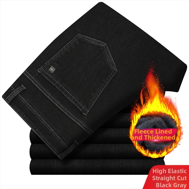 Meeste teksased fliisvoodriga, kõrge elastikkus, sirge lõige, kõrge vöökoht, pestud puuvillane