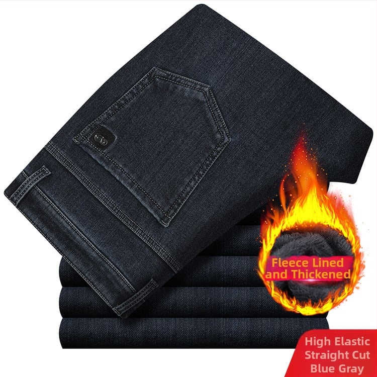 Meeste teksased fliisvoodriga, kõrge elastikkus, sirge lõige, kõrge vöökoht, pestud puuvillane