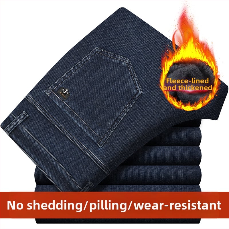 Meeste teksased fliisvoodriga, kõrge elastikkus, sirge lõige, kõrge vöökoht, pestud puuvillane