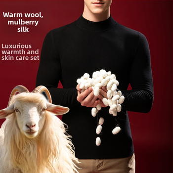 Tricou termic pentru bărbați din lână-mătase cu guler semiînalt, căptușit velur, grosime extra 301-350 g/m²