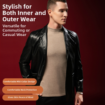 Tricou termic pentru bărbați din lână-mătase cu guler semiînalt, căptușit velur, grosime extra 301-350 g/m²