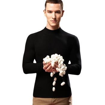 Tricou termic pentru bărbați din lână-mătase cu guler semiînalt, căptușit velur, grosime extra 301-350 g/m²