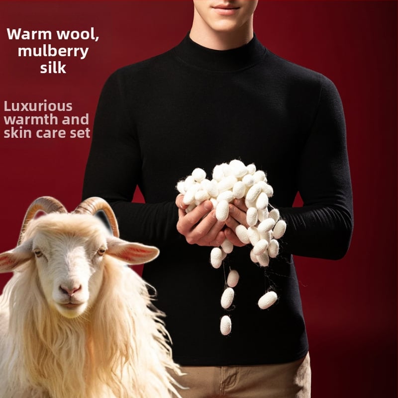 Tricou termic pentru bărbați din lână-mătase cu guler semiînalt, căptușit velur, grosime extra 301-350 g/m²