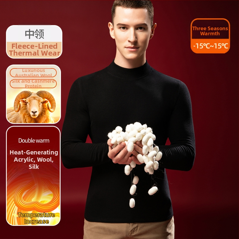 Tricou termic pentru bărbați din lână-mătase cu guler semiînalt, căptușit velur, grosime extra 301-350 g/m²