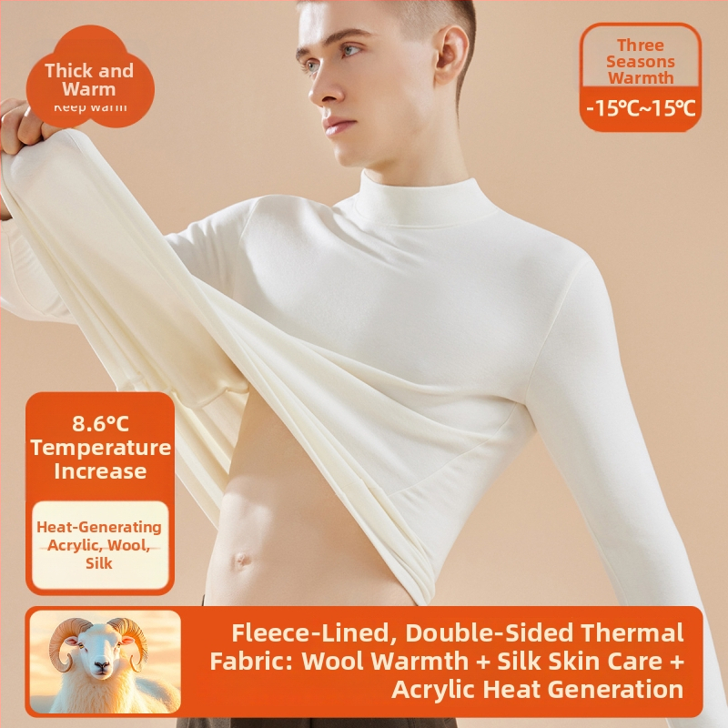 Tricou termic pentru bărbați din lână-mătase cu guler semiînalt, căptușit velur, grosime extra 301-350 g/m²