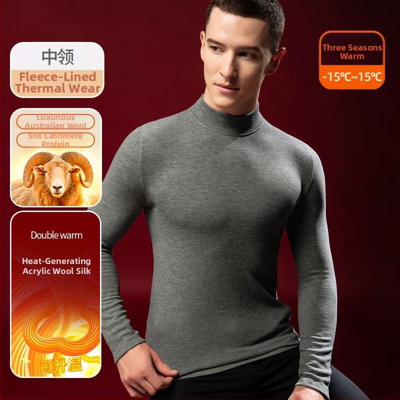 Tricou termic pentru bărbați din lână-mătase cu guler semiînalt, căptușit velur, grosime extra 301-350 g/m²