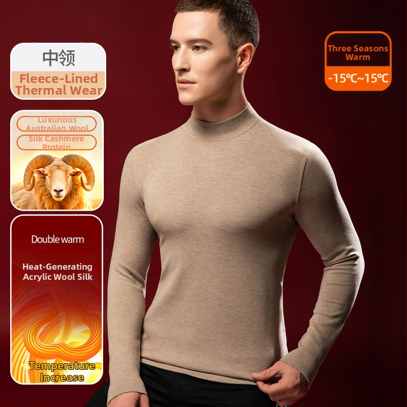 Tricou termic pentru bărbați din lână-mătase cu guler semiînalt, căptușit velur, grosime extra 301-350 g/m²