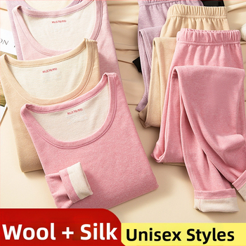 Set de lenjerie termică din lână, dublu strat, țesătură groasă 251-300 g/m2, pulover cu guler rotund și mâneci lungi, pantaloni, unisex