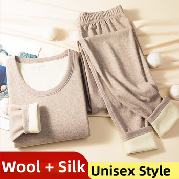 Set de lenjerie termică din lână, dublu strat, țesătură groasă 251-300 g/m2, pulover cu guler rotund și mâneci lungi, pantaloni, unisex