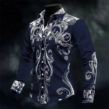 Izuzetna retro muška košulja s 3D floralnim printom, slim fit, dugi rukavi, s kopčama sprijeda, prikladna za ležerni i formalni stil