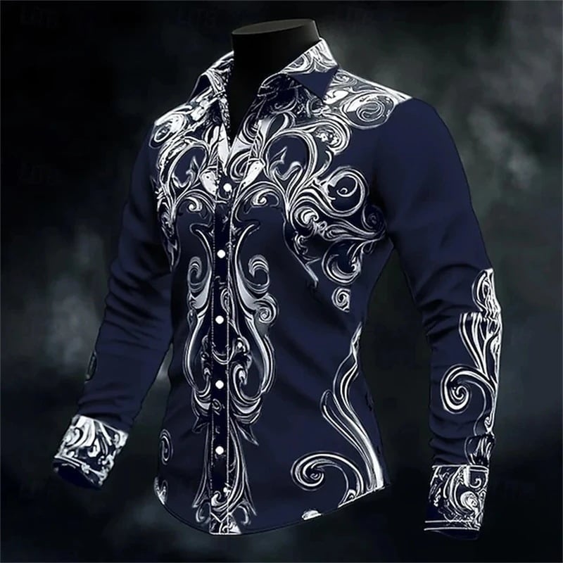 Izuzetna retro muška košulja s 3D floralnim printom, slim fit, dugi rukavi, s kopčama sprijeda, prikladna za ležerni i formalni stil