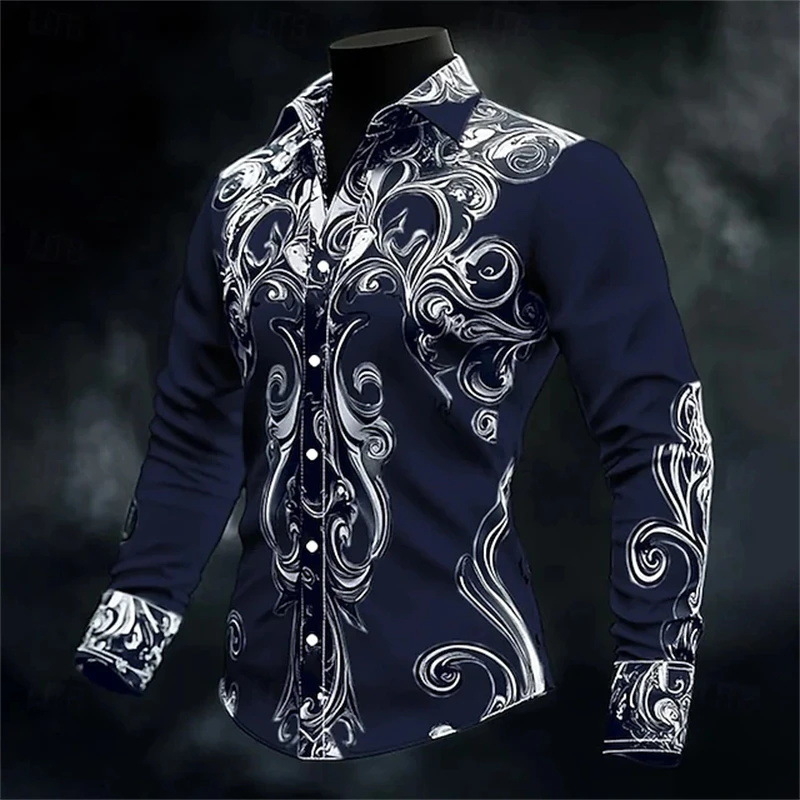 Izuzetna retro muška košulja s 3D floralnim printom, slim fit, dugi rukavi, s kopčama sprijeda, prikladna za ležerni i formalni stil