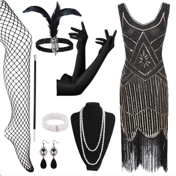 Poliészter estélyi ruha gyöngyökkel és flitterekkel, bojt díszítéssel, ujjatlan, mély V-nyakú, középmagas derekú, rövid szoknyás, Gatsby-stílusú partikra