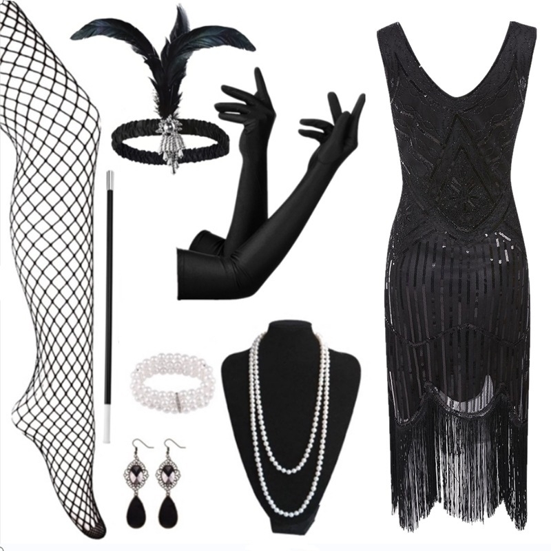 Poliészter estélyi ruha gyöngyökkel és flitterekkel, bojt díszítéssel, ujjatlan, mély V-nyakú, középmagas derekú, rövid szoknyás, Gatsby-stílusú partikra