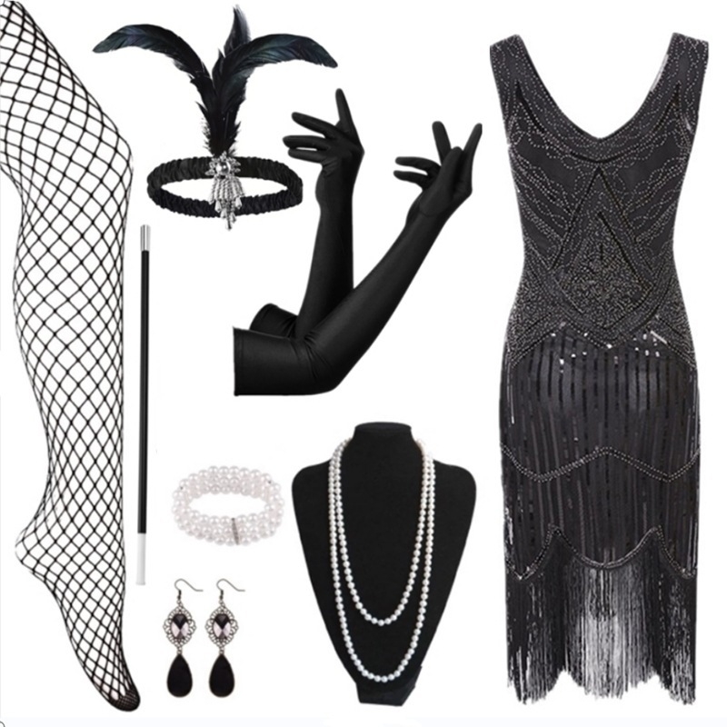 Poliészter estélyi ruha gyöngyökkel és flitterekkel, bojt díszítéssel, ujjatlan, mély V-nyakú, középmagas derekú, rövid szoknyás, Gatsby-stílusú partikra