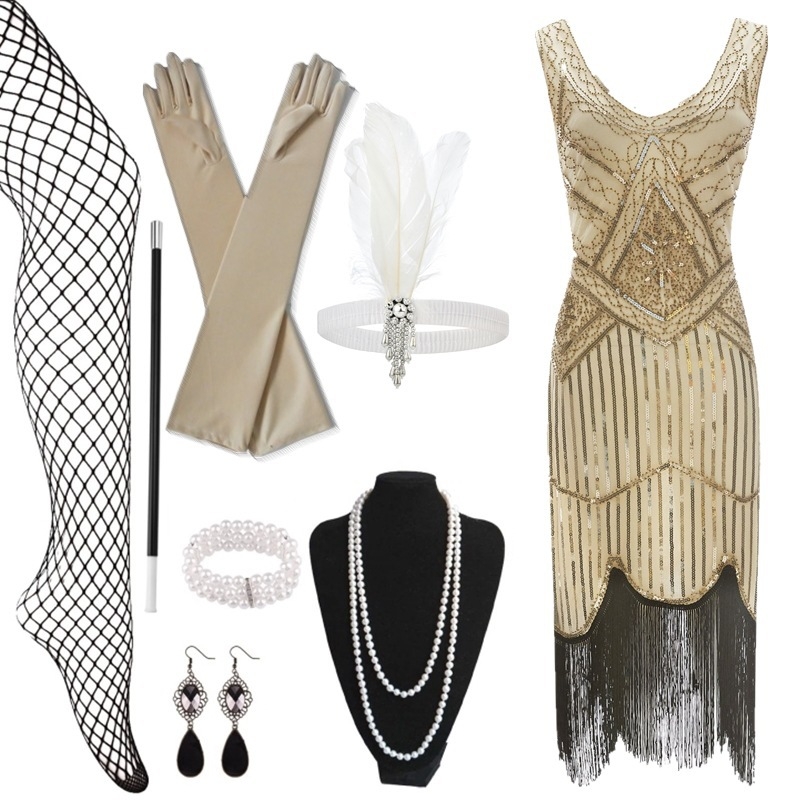 Poliészter estélyi ruha gyöngyökkel és flitterekkel, bojt díszítéssel, ujjatlan, mély V-nyakú, középmagas derekú, rövid szoknyás, Gatsby-stílusú partikra