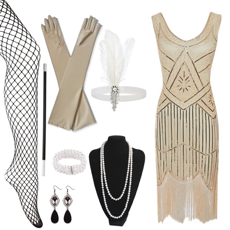 Poliészter estélyi ruha gyöngyökkel és flitterekkel, bojt díszítéssel, ujjatlan, mély V-nyakú, középmagas derekú, rövid szoknyás, Gatsby-stílusú partikra