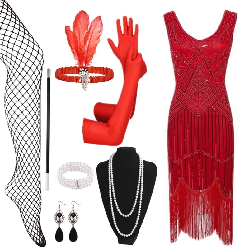 Poliészter estélyi ruha gyöngyökkel és flitterekkel, bojt díszítéssel, ujjatlan, mély V-nyakú, középmagas derekú, rövid szoknyás, Gatsby-stílusú partikra