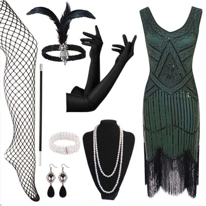 Poliészter estélyi ruha gyöngyökkel és flitterekkel, bojt díszítéssel, ujjatlan, mély V-nyakú, középmagas derekú, rövid szoknyás, Gatsby-stílusú partikra