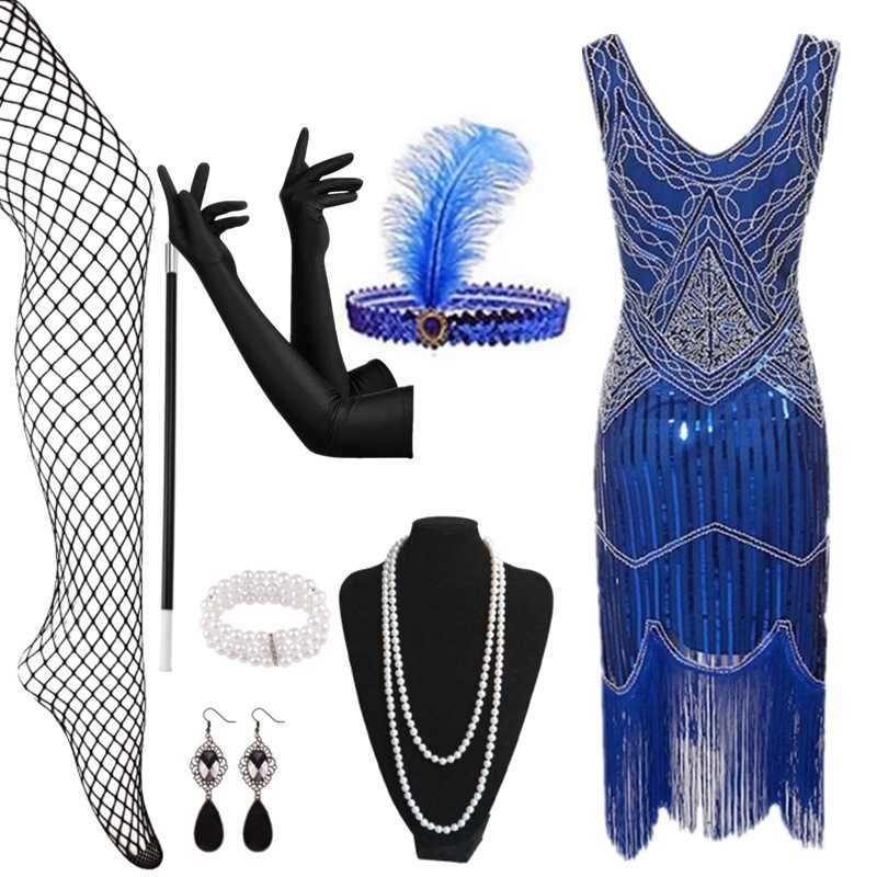 Poliészter estélyi ruha gyöngyökkel és flitterekkel, bojt díszítéssel, ujjatlan, mély V-nyakú, középmagas derekú, rövid szoknyás, Gatsby-stílusú partikra