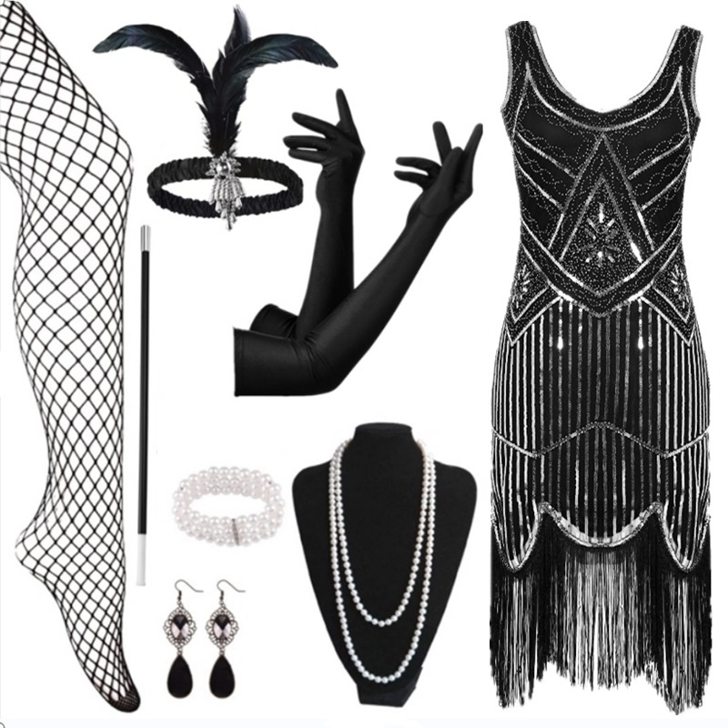 Poliészter estélyi ruha gyöngyökkel és flitterekkel, bojt díszítéssel, ujjatlan, mély V-nyakú, középmagas derekú, rövid szoknyás, Gatsby-stílusú partikra