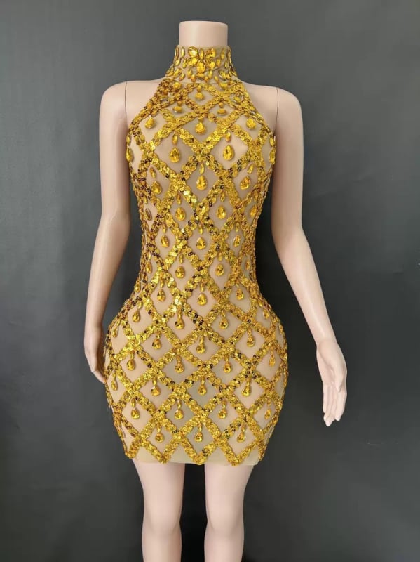 Vakara kleita ar augstu apkakli, bez piedurknēm, režģainā elastīgā piegriezuma, slaida silueta, īsa svārka, Spandex >95% (Pavasaris 2024)