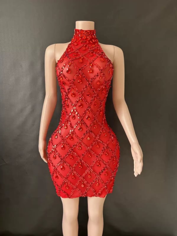 Vakara kleita ar augstu apkakli, bez piedurknēm, režģainā elastīgā piegriezuma, slaida silueta, īsa svārka, Spandex >95% (Pavasaris 2024)