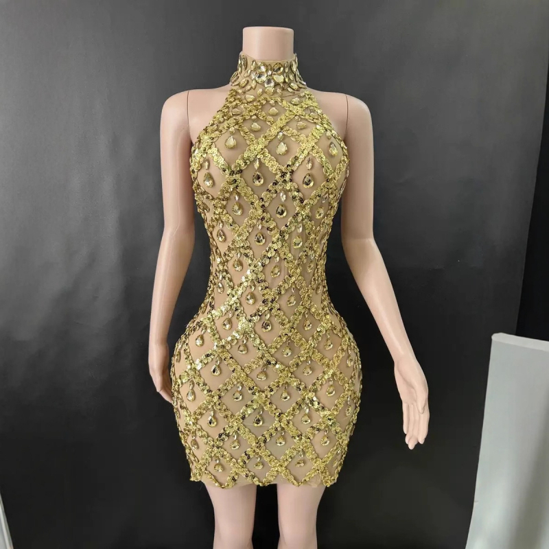 Vakara kleita ar augstu apkakli, bez piedurknēm, režģainā elastīgā piegriezuma, slaida silueta, īsa svārka, Spandex >95% (Pavasaris 2024)