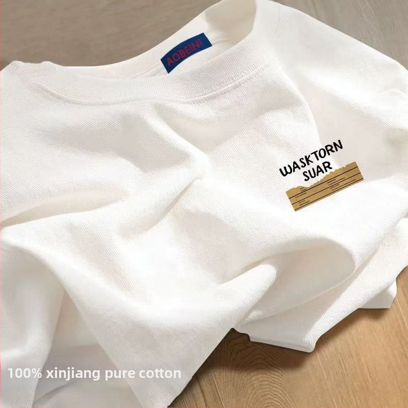 Sieviešu kokvilnas T-krekls ar apaļu kakla izgriezumu, īsiem piedurknēm, brīvā piegriezuma, ar teksta druku