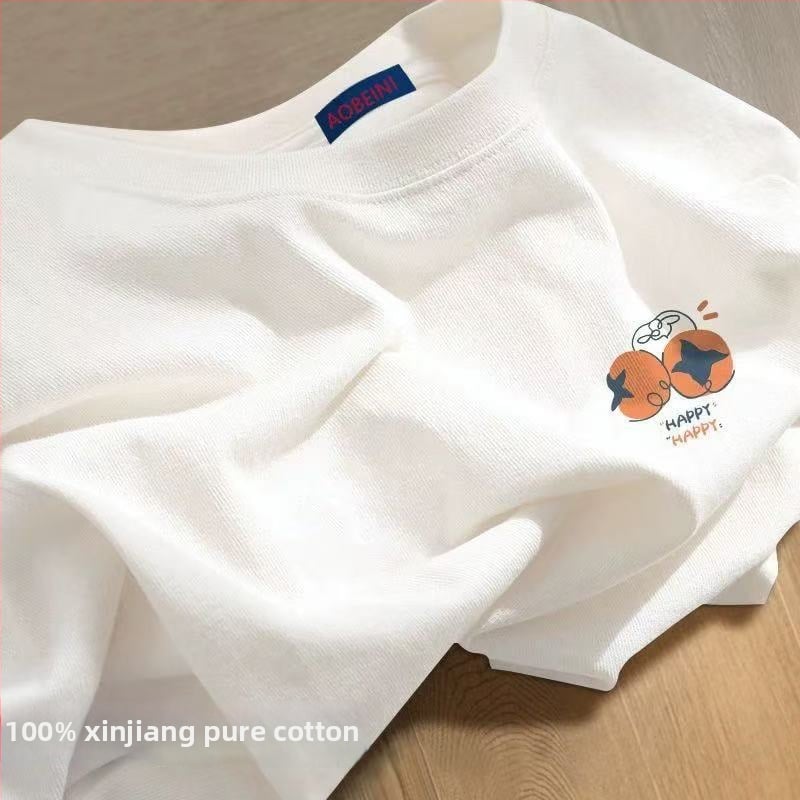 Sieviešu kokvilnas T-krekls ar apaļu kakla izgriezumu, īsiem piedurknēm, brīvā piegriezuma, ar teksta druku