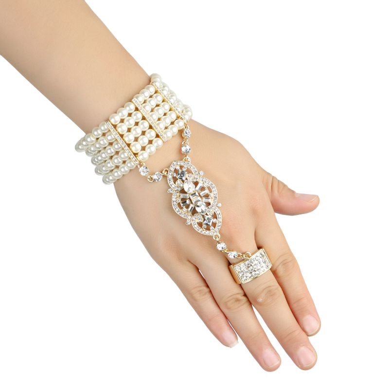 Gatsby- inspirirana narukvica s integriranim prstenom, legura, dijamantni završetak, Twice Happy, ženski modni dodatak za ruku